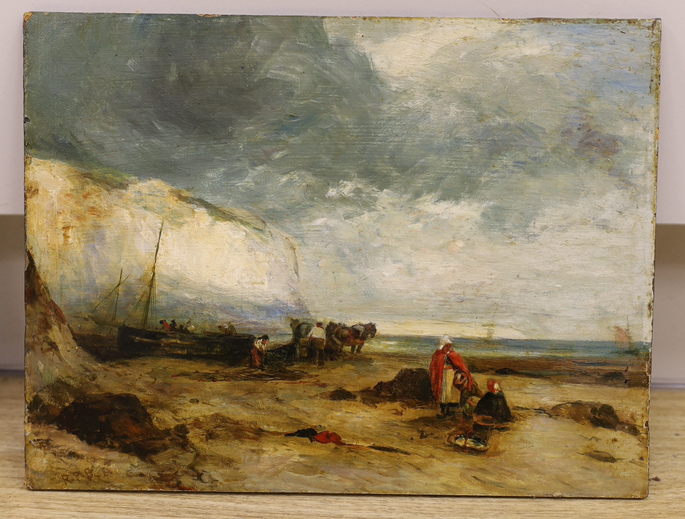 RPB. oil on millboard, Fisherfolk on the shore, initialled, 27 x 36cm, unframed